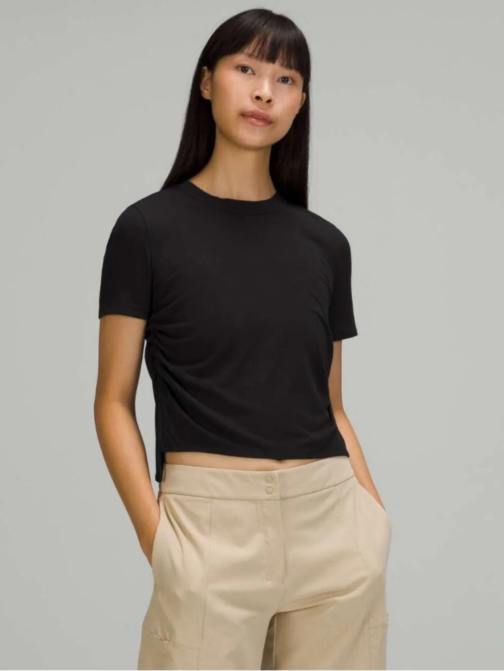 Lululemon Black Modal Side Cinch Ribbed T-Shirt Sz 14 Athleisure Minimalist Gym